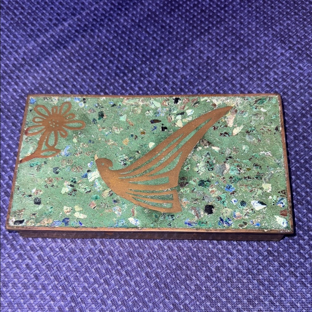 Los Castillo Taxco Mexico Brass & Inlaid Stone Wood Lined Hinged Box 7.5” long
